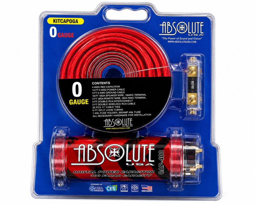 Absolute KITCAP0GARD 0 Gauge Amplifier Installation Kit & 4 Farad Digital Capacitor Package