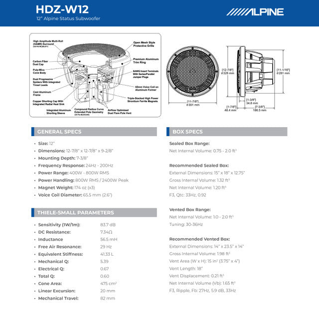 Alpine HDZ-W12 12" Subwoofer 2400W Dual 4-Ohm + Grille Bundle