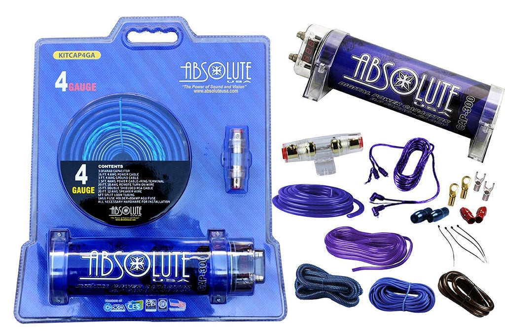 Absolute USA KITCAP4GABL 3.0 Farad Power Capacitor 4 Gauge Car Amplifier Installation Wiring Complete Kit (Blue)