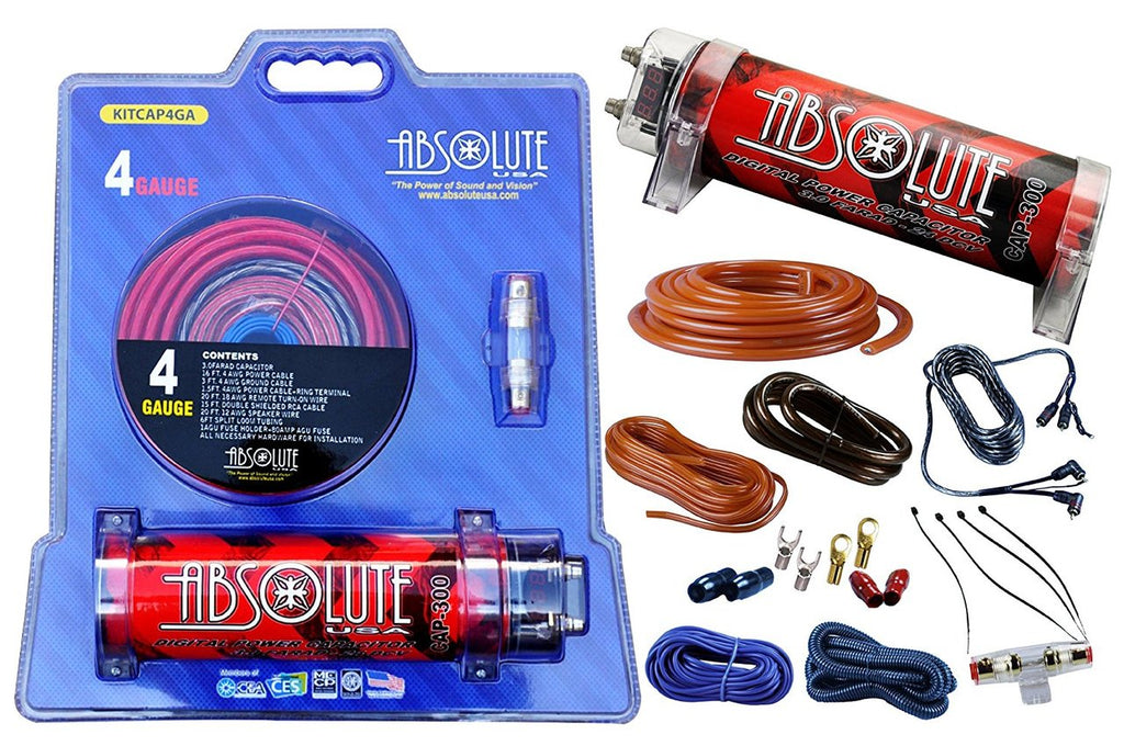 Absolute USA KITCAP4GARD 3.0 Farad Power Capacitor 4 Gauge Car Amplifier Installation Wiring Complete Kit (Red)