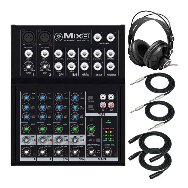 Mackie Mix8 8-Channel Compact Mixer Bundle with MR DJ Headphones, Two 1/4" TRS Cables &  XLR Cables