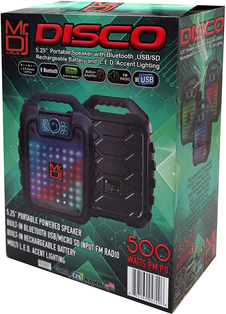 MR DJ DISCO 5.25" Portable Powerful PA Bluetooth Speaker Karaoke Machine with Sound Activated Lights, Battery Powered, FM Radio, USB/Micro SD Card, & LED Party Light