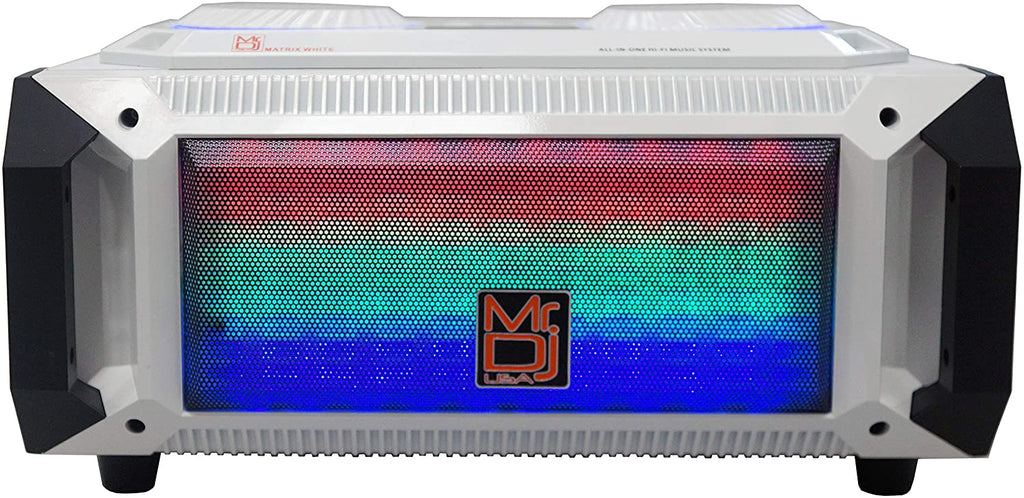 Mr. Dj Matrix White Bluetooth Speaker<br/>Wireless Bluetooth Speaker Karaoke Machine with Sound Activated Lights, FM Radio, USB/Micro SD Card, & LED Party Light Perfect for Party