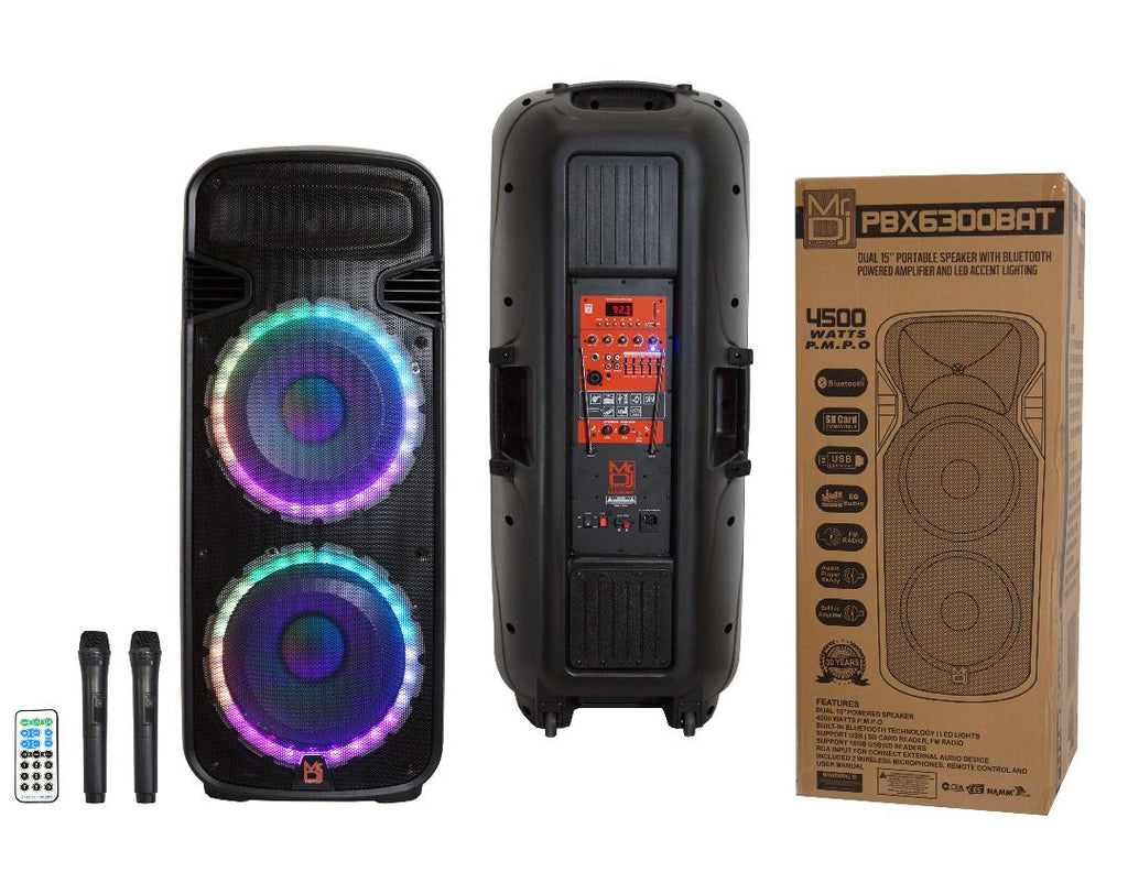 MR DJ PBX6300BAT 4500 Watts Dual 15" Rechargeable PA DJ Party Speaker Bluetooth, Light, Echo, MIC