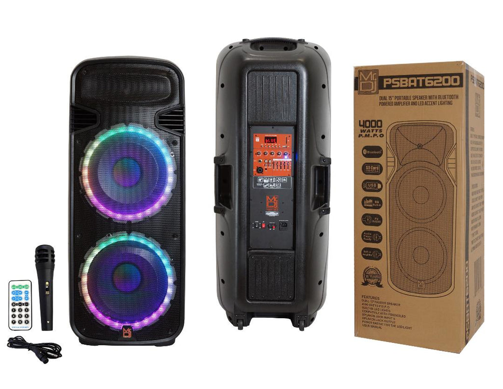 2 Mr Dj PSBAT6200 Dual 15" 4000 Watt Max Power 3 Way Party Speaker with Built-In Bluetooth & Rechargeable Battery