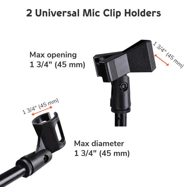 2 Microphone Stands Adjustable Boom Stage or Instrument with Mic Holder Clips & Carry Bag
