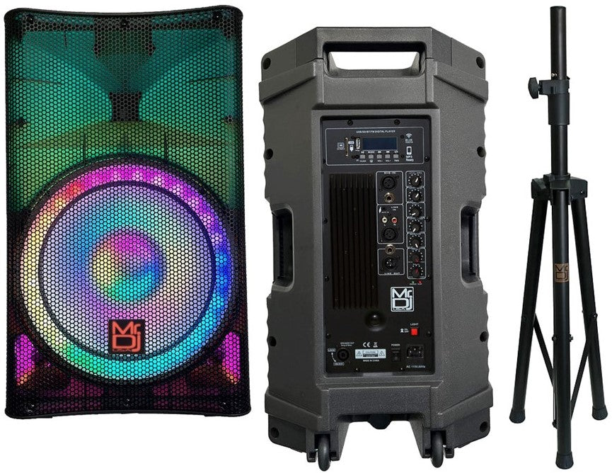 2 MR DJ PLED5200 PRO PA DJ 15" Portable Active Bluetooth/MP3/FM Radio Speaker + Speaker Stand