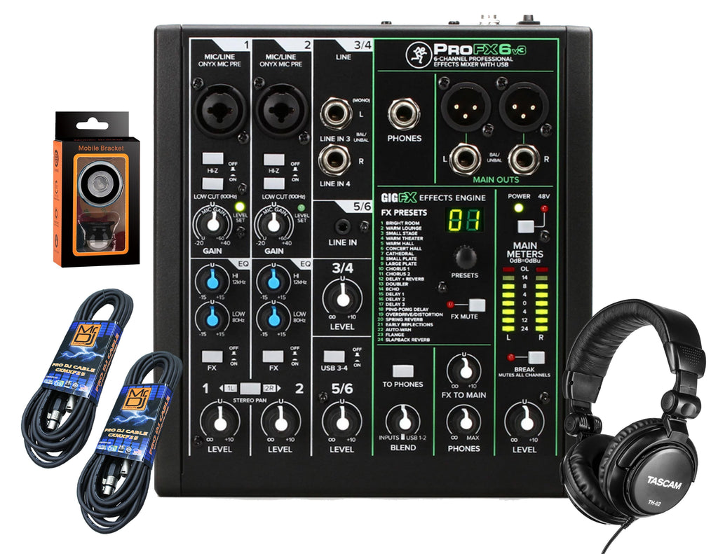 Mackie ProFX6v3 6-Channel Mixer with Built-in Effects and USB + Headphone + Pair XLR Cable + Phone Holder