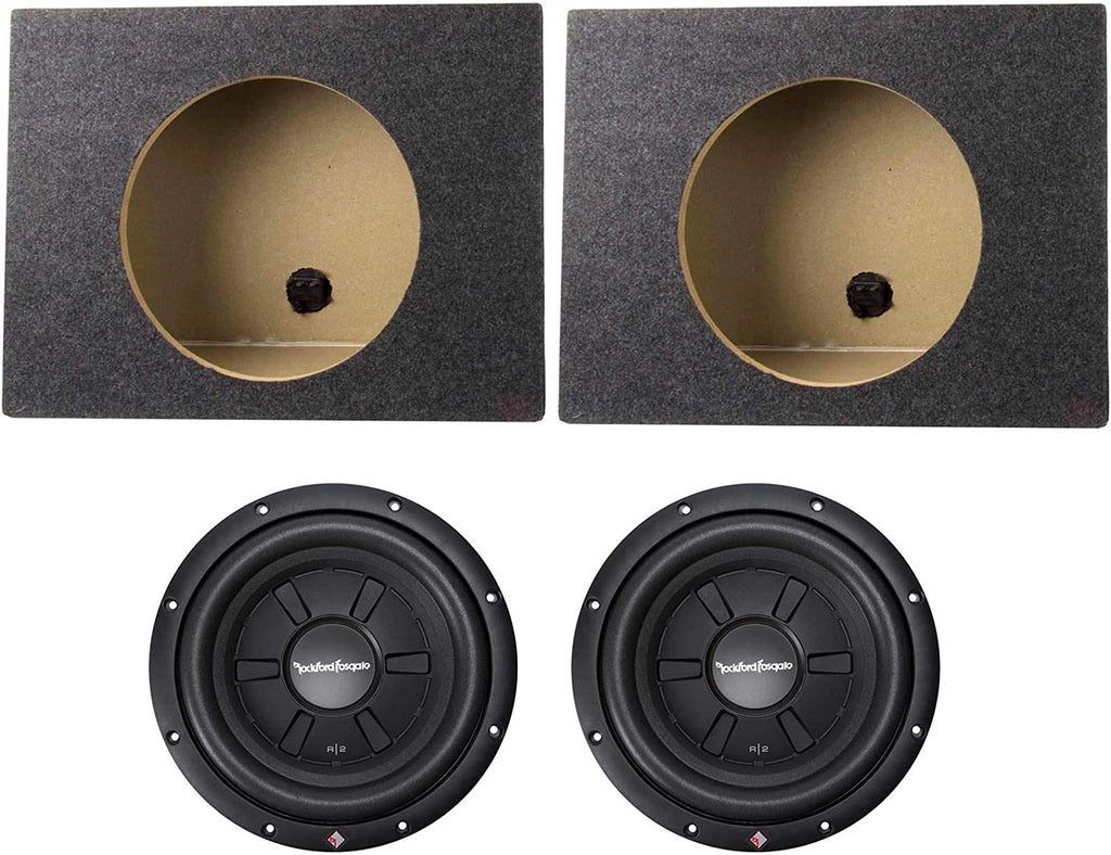 2 Rockford Fosgate Prime R2SD2-10 + 2 Single Sealed Boxes 400W Max 10" shallow mount dual 2-ohm voice coils subwoofer + 2 Single Sealed Boxes