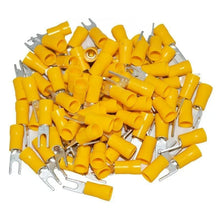 Load image into Gallery viewer, Install Bay YVST8 Yellow Vinyl Spade Electrical Terminals 12-10 Gauge #8 Package of 100