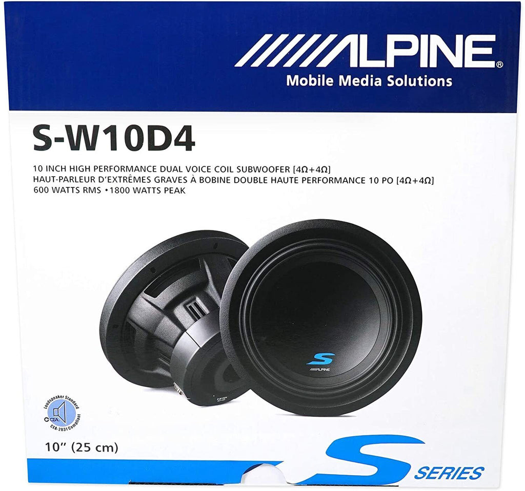 2 Alpine S-W10D4 Car Subwoofer<br/> 1800W Max, 600W RMS 10" S-Series Dual 4 Ohm Car Subwoofer