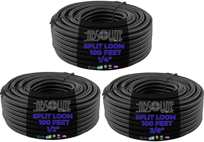 Absolute 3 Rolls 100ft ea Split Cable Wire Loom Tubing 1/4" 3/8" 1/2" Conduit