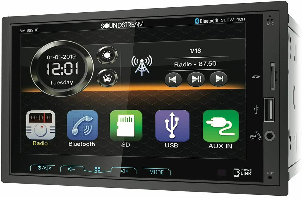 Soundstream VM-622HB 6.2 Inch Touchscreen Mechless Double DIN Bluetooth Car Audio