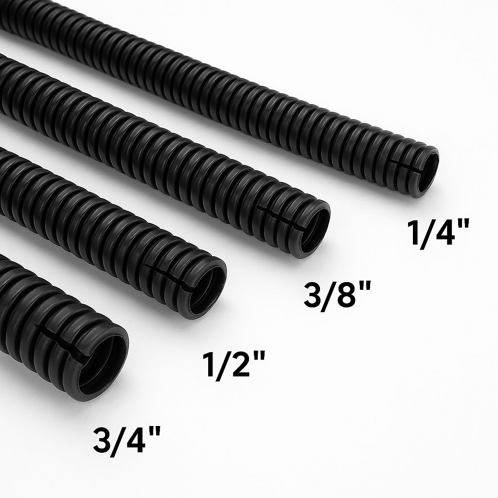 DC Sound 4-Pack 1/4", 3/8", 1/2", 3/4" x 50 Feet Each Split Wire Loom Convoluted Tubing