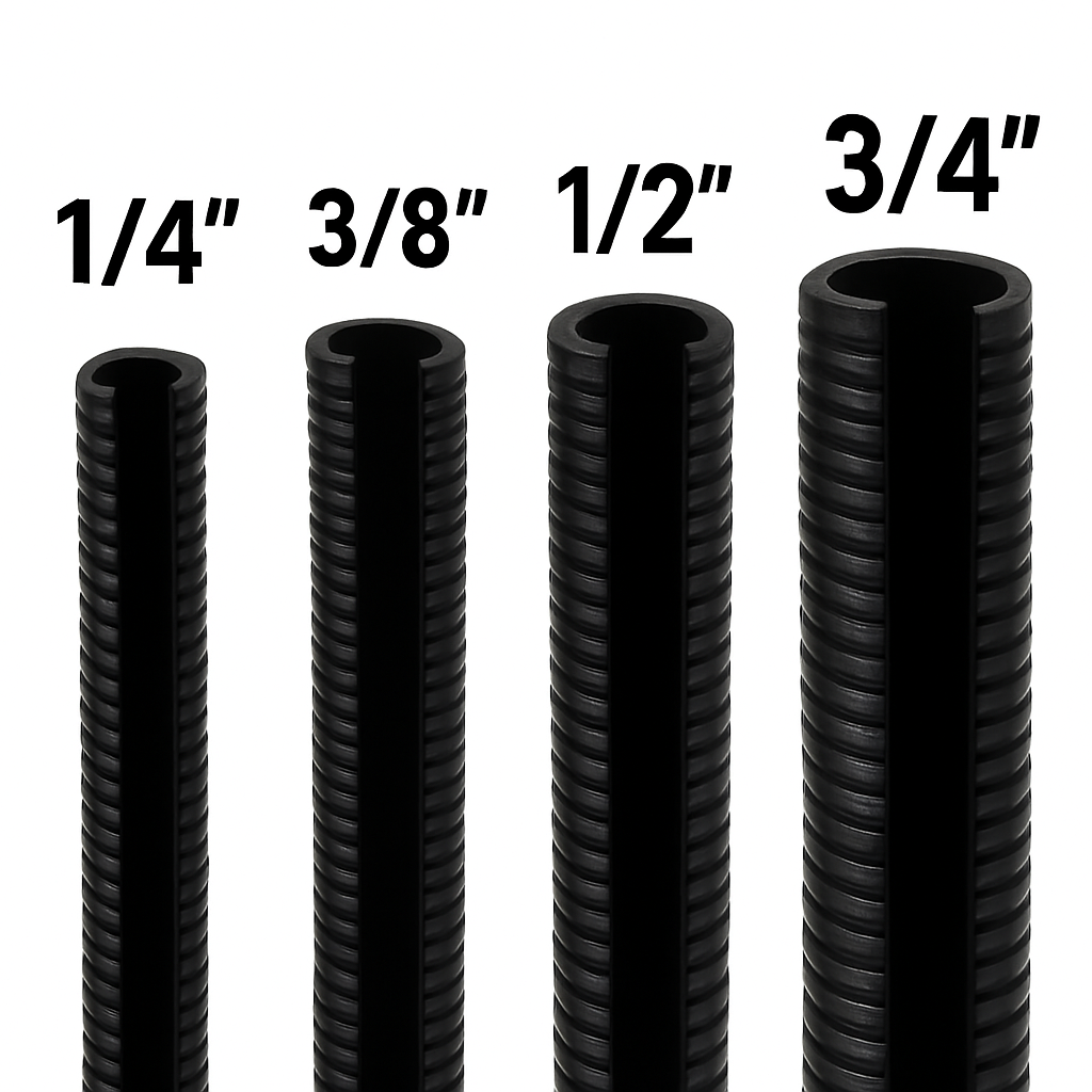 DC Sound 4-Pack 1/4", 3/8", 1/2", 3/4" x 50 Feet Each Split Wire Loom Convoluted Tubing