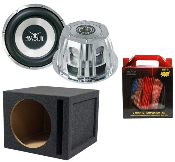 Absolute ST-1500 2000 Watt 10" Car Subwoofer + Ported Enclosure Box + 8 Gauge Amp Kit