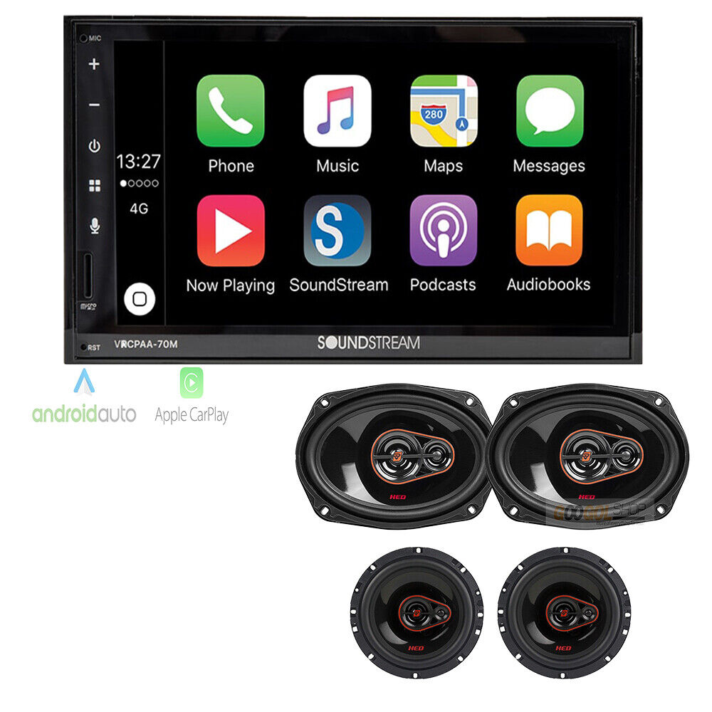 VRCPAA-70M 7" Double DIN Bluetooth CarPlay Android + 6x9" 6.5" coax speakers